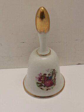 COLLECTIBLE WHITE PORCELAIN 5" BELL WITH DANCING COUPLE & GOLD ACCENT BRINN'S